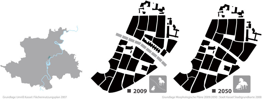 Darstellung der Lage im Stadtgebiet und der Entwicklung des Quartiers von 2009 bis 2050