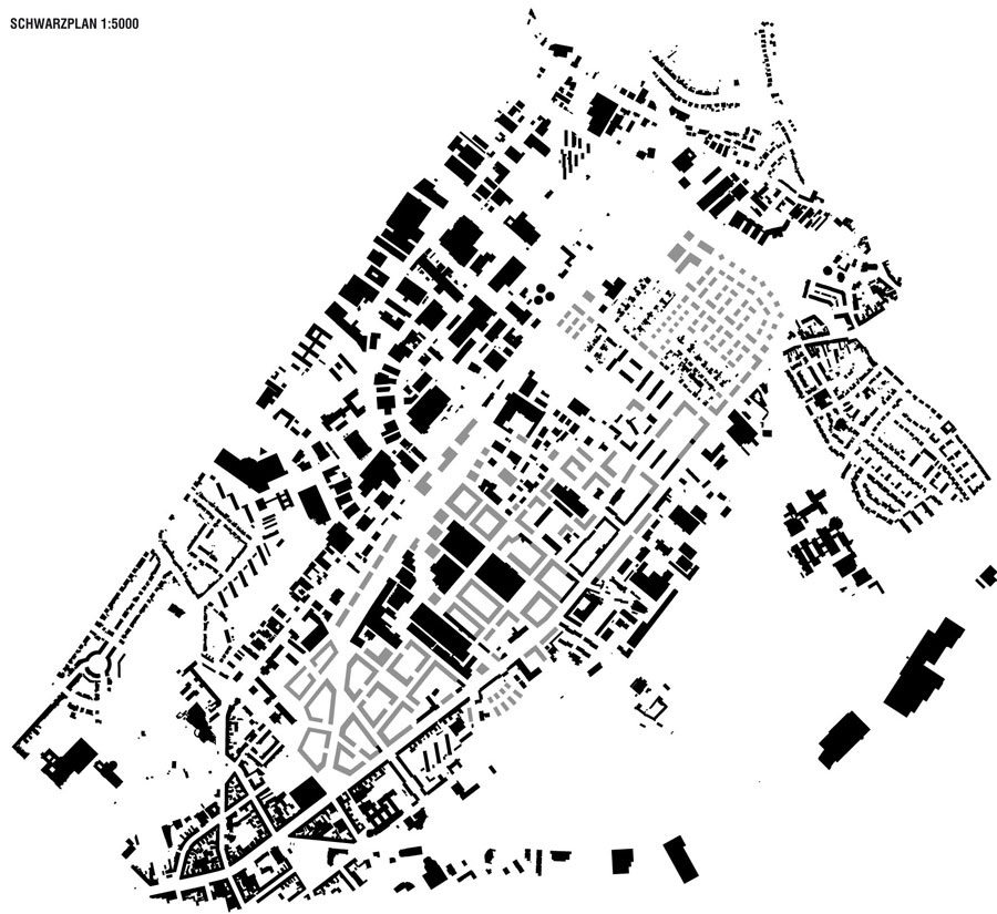 Schwarzplan des erweiterten Plangebietes mit differenzierter Darstellung der Neuplanung und des Bestandes